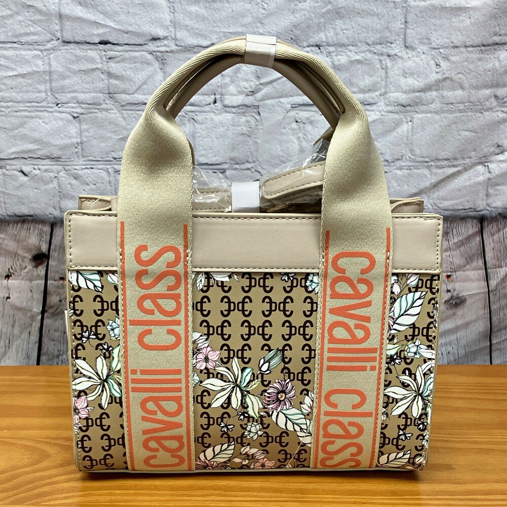 Cavalli Class Women's Beige Floral Logo Satchel Top Handle Zip Detachable Strap